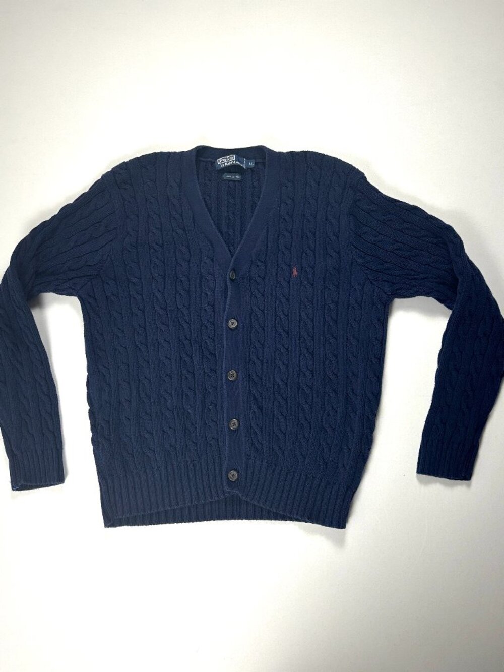 Vintage Polo Ralph Lauren Mens Cardigan Sweater Navy Blue XL Cable Knit Button